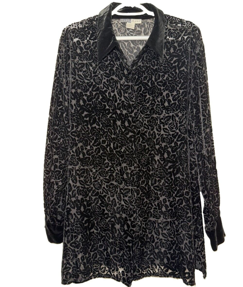 Carol Horn Workshop L Silk Rayon Burnout Velvet Floral Tunic Blouse Black Goth